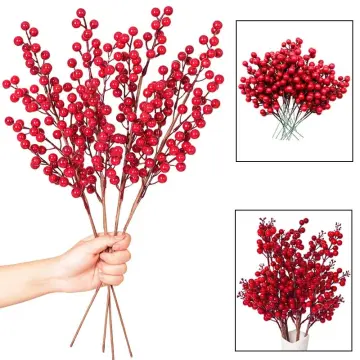20pcs Artificial Red Berries Fake Flowers Fruits Berry Stems