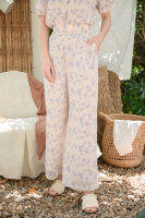 prettythingonme Hwa Pant (brown floral) - กางเกงขายาวผ้าชีฟองเกาหลีน้ำตาลตัดดอกไม้สีฟ้าคราม เก็บทรงตีเกร็ดด้านหน้า ทรงดีน่ารัก (พร้อมส่ง)