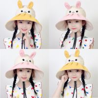 【CC】Spring Summer Cute Cartoon Bunny Hat Girls Outdoor Sun Hats Large Brim with Windproof Rope Children Hats Caps 5-12years Old