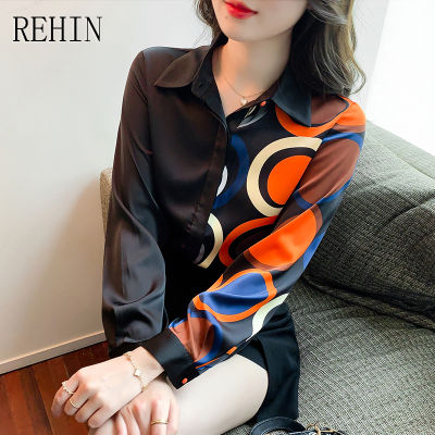 REHIN เสื้อผู้หญิงใหม่แฟชั่นสไตล์เกาหลีพิมพ์ลายสุดหรู,เสื้อแขนยาวผ้าชีฟองแบบเฉพาะสำหรับฤดูใบไม้ผลิ