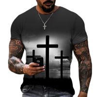 2023Summer Men T-shirt God Religion Christ Jesus Cross 3d Print Hip Hop Loose Oversized Vintage Fashion Short Sleeve Streetwear