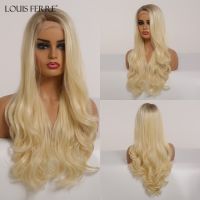 LOUIS FERRE Ombre Brown Light Blonde Lace Front Wig Long Wavy Cosplay Synthetic Fibre for Woman High Density Daily Lace Wigs Gift ของขวัญ