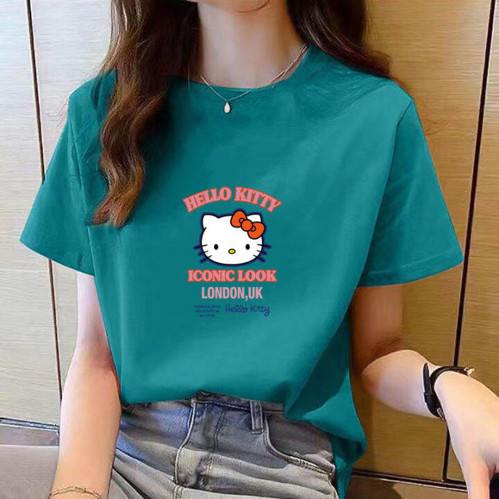 เสื้อยืดคอกลมสำหรับผู้หญิงแขนสั้นพิมพ์ลายการ์ตูนสีดำลำลองใหม่สำหรับฤดูร้อนเสื้อยืดหลวมแฟชั่นสำหรับผู้หญิงเรียบง่ายไซส์ใหญ่พิเศษ
