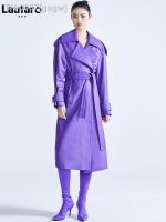 ✠ gsgw Lautaro primavera outono longo luxo elegante roxo colorido falso couro trench coat para mulheres faixas runway designer moda 2022