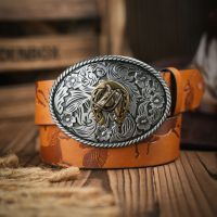 Western Cowboy PU Leather Belt - Men Waist Strap Bull Decoration Floral Engraved for Jeans Belts