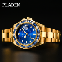 PLADEN 18K Real Gold Men Watch Blue Square Diamond Street Style Sapphire American Saat Auto Date Valentines Day Montre Luxe