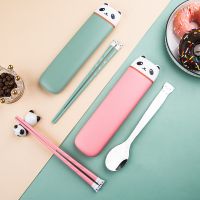 2PCS/Set Spoon Chopsticks With Box Cutlery Students Kids Cartoon Panda Tableware Travel Portable Dinnerware Kitchen Accessories Flatware Sets