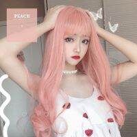 MANWEI 65/29CM Lolita Pink Long Wavy Bangs Heat Resistant Halloween Cute Party Synthetic Cosplay Wig Gift ของขวัญ