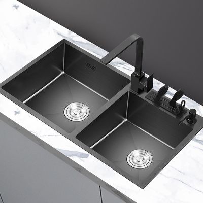 Large Black Washing Basin 304 Stainless Steel Kitchen Sink with Knife Holder Vegetable Double Bowel Sink With Faucet Thickened