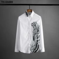 a.utumn painting leopard print men spend leisure handsome mens long sleeve shirts cultivate ones morality white