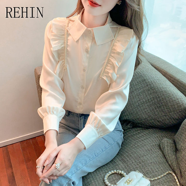 rehin-เสื้อผู้หญิงแฟชั่นใหม่ฤดูใบไม้ผลิที่สง่างามหูกระต่ายหวานกับเสื้อมุกระฆังแขนยาวผ้าชีฟอง