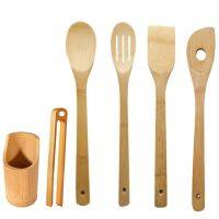 Bamboo Kitchen Utensils Set - Cooking Spoons 6 Pcs Cooking Utensils with Holder,Nonstick Heat Resistan Spatula Fork