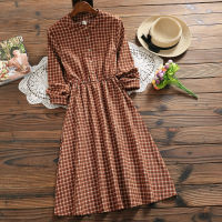 Mori Girl Autumn Winter Women Elegant Dress Stand Collar Vintage Plaid Casual Vestidos Femininos Korea Sweet Corduroy Lady Dress