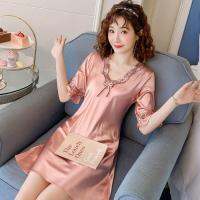 summer ice silk nightgown female leisure fashionable dress thin big yards pajamas women with short sleeves