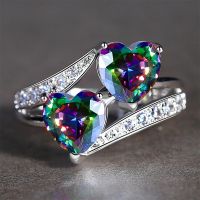 European and American Creative Two Heart Rainbow Ring Wedding AAA Zircon Jewelry Womens Accessories Engagement Ring