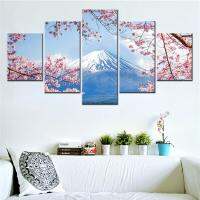 ญี่ปุ่นภูมิทัศน์ Mount Fuji Cherry Blossom Scenery Volcano-ภาพวาดผ้าใบ5ชิ้นชุด-Modern Wall Art ตกแต่งโปสเตอร์พิมพ์