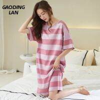 Gaodinglan หวานลายพิมพ์ผู้หญิงแขนสั้น Nightgowns ฤดูร้อนบางผ้าฝ้ายยาวเข่า Nighdress Modal ชุดนอนสุภาพสตรี