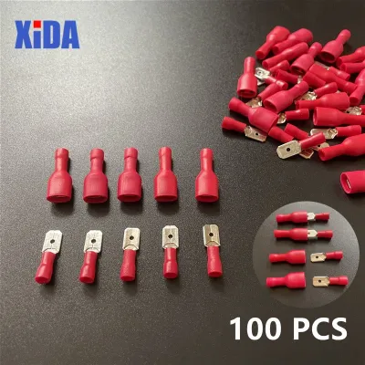 100pcs FDD 1.25-250 MDD1.25-250 6.3mm Red Female Male Spade Insulated Electrical Crimp Terminal Connectors Wiring Cable Plug