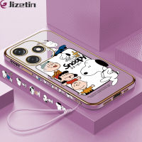 Jizetin สำหรับ Tecno Spark 10 Spark 10C ฟรีสายคล้องการ์ตูนสนูปี้ชาร์ลีเคสขอบสี่เหลี่ยมลายเคสโทรศัพท์ชุบหรูหราเคสโทรศัพท์นิ่ม