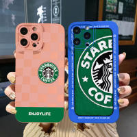 สำหรับ iPhone 13 Pro Max 12 iPhone 11 XR 8 7 SE 2022ลายสก๊อตสีชมพู Starbucks Enjoy Life คุณภาพสูงกล้องเลนส์ป้องกันสแควร์ขอบเต็ม Len ป้องกันกรณี