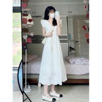 French style gentle first love ruffled flying sleeve dress womens high-grade beautiful waist-controlled white long dress summer