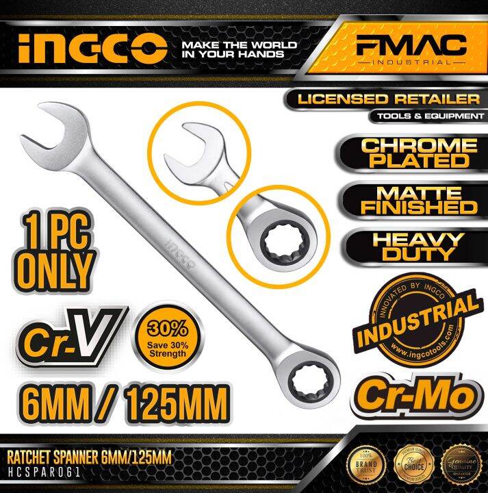 INGCO Industrial Ratchet Spanner 6mm / 125mm CRV Matte Finish CrMo