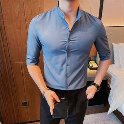 ขนาดบวก5XL-M ผู้ชายยืนปกธุรกิจลำลองครึ่งแขนเสื้อ2023ใหม่ฤดูร้อนหรูหราสลิมฟิตชุดที่เป็นของแข็งเสื้อ4สี