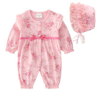 Floral Ribbon Newborn Baby Girl Clothes Ruffles Long Sleeve Princess Jumpsuit Spring Infant Girls Bodysuit+ Hats