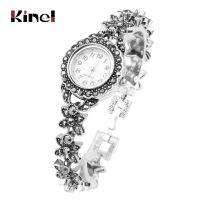 ﹊ↂ Kinel Exquisite Floral Crystal Bracelets For Women Silver Plated Decorative Watch For Women Retro Look Turkey Jewelry