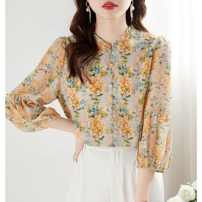YIGE Fashion floral shirt Womens spring and autumn 2023 new elegant chiffon blouse Womens large belly loose casual top