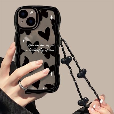 Korean Cute Wave Black Butterfly Love Heart Hang Chain Soft Case For iPhone 14 Pro Max 12 13 11 X XS XR 7 8 Plus SE Clear Cover