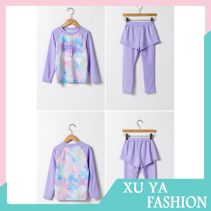 2pcs-girls-swimsuit-long-sleeved-split-fake-two-piece-swimwear-round-neck-tops-trousers-high-elastic-swimsuit-sunscreen-wear