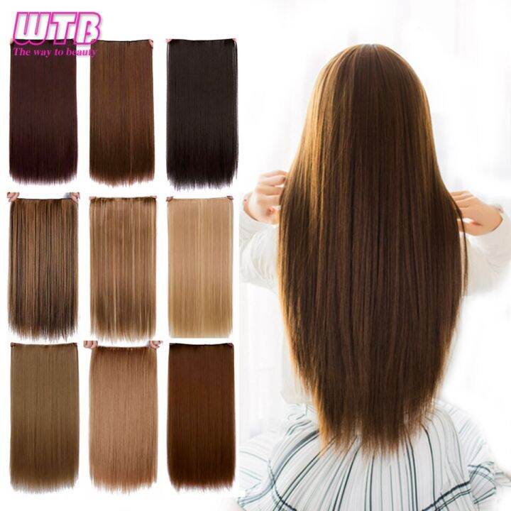 wtb-ลอนยาว60ซม-5คลิปในหนึ่งชิ้นที่ยืดผมอุณหภูมิสูงใยสังเคราะห์สีดำสีน้ำตาลสำหรับที่ติดผมผู้หญิง