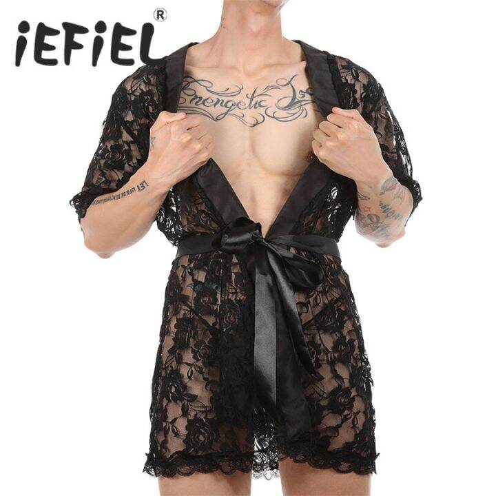 Mens Sleepwear Sissy Sexy Robe See Through Lace Robe Cardigan