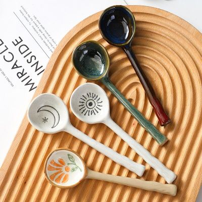 Japanese Stoneware Long Handle Coffee Stirring Scoop Creative Hand-painted Ceramic Dessert Spoons Children Rice Spoon Tableware Serving Utensils