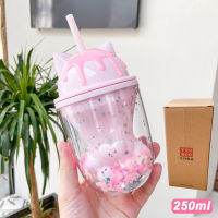 Double-layer Plastic Water Bottle Cute Mug with Straw for Girls Cat Paw Shape Cup lid Creative Water Cup for Learning and Office