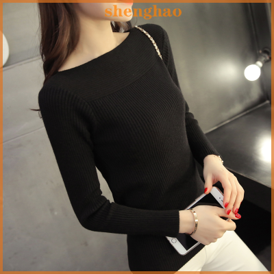 shenghao ผู้หญิงถักเสื้อกันหนาวแขนยาว JUMPER Boat Neck pullover ถัก tops Slim