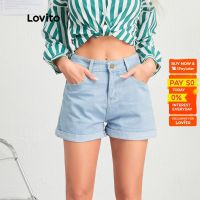 ☌✣□ tqw198 Lovito Casual Denim Basic Pocket Roll Up Pambahay Women Shorts L10960 (Light Blue/Dark Blue/White)