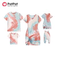 【YF】 PatPat Family Matching Outfits Colorblock Tie Dye Twist Knot Bodycon Dresses and Short-sleeve T-shirts Looks Sets