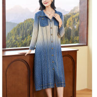 S3330 denim dress Long-sleeved autumn mothers age-reducing pleated large size A-word long dress