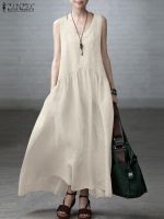 【HOT】❆♝▩ 2023 ZANZEA A-line Robe V-Neck Sleeveless Sundress Color Beach Vestidos