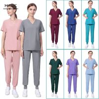 Wholesale Fashion Scrub Suits Hospital Uniform Set Solid Color Unisex Surgical Gown Pocket V-neck Scrubs Set for Women Joggers