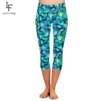 LETSFIND 2020 New High Quaility Women Capri Leggings Blue Butterflies Print High Waist Plus Size Fitness Soft Mid-Calf Leggings