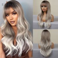 ♙❆✧ EASIHAIR Ombre Gray Ash Wavy Wigs with Bang Light Blonde Platinum Synthetic Long Hair for Women Daily Party Heat Resistant Fiber