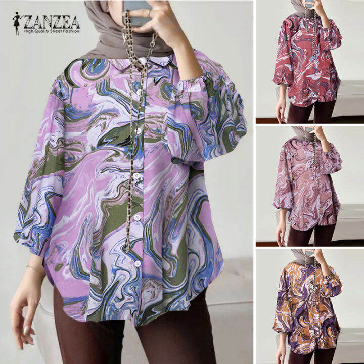 สินค้ามาใหม่-จัดส่งฟรี-fancystyle-zanzea-เสื้อผู้หญิงมุสลิมลำลอง-เสื้อมีปกแบบมีกระดุมเสื้อลายพิมพ์เรียบง่าย