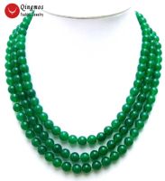 Qingmos 8mm Round Natural Green Jade Necklace for Women Genuine Stone Necklace 3 Strands 18" Jewelry