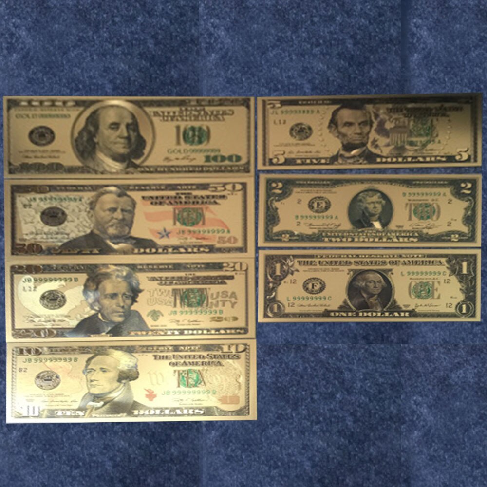 Hot 1 Set 7 Pcs Gold Foil Plated USD Paper Money Banknotes Crafts For Collect TE 