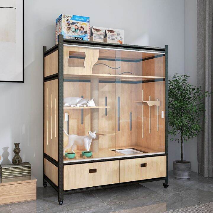 Cat wood luxury villa house home indoor cat litter glass room panorama
