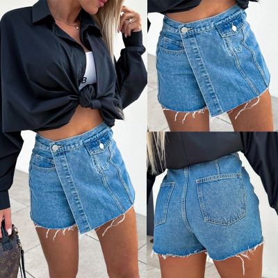 Casual Women Jeans Denim Shorts Asymmetric With Pockets Jeans Skirts For Women Vintage Fringed Denim Skirt
