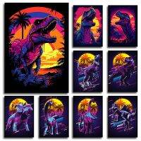 Retro SynthWave ไดโนเสาร์ T Rex ภาพวาดผ้าใบ-Perfect Wall Art สำหรับตกแต่งบ้าน